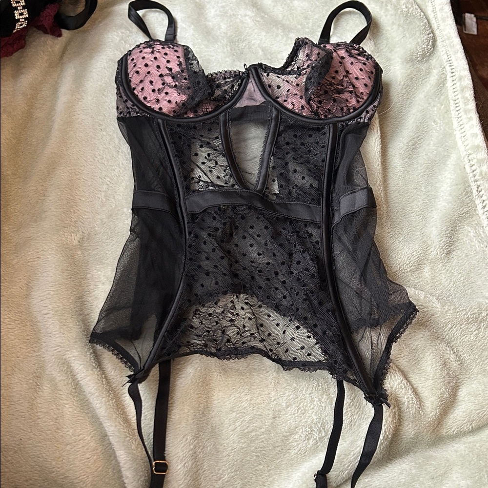 Victoria's Secret Black and Pink Mesh Bustier  and Panties
